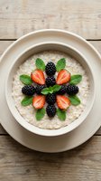 Creamy oatmeal porridge topped with fresh blackberries, strawberry slices, and mint leaves arranged in a decorative pattern, served in a white bowl on wooden surface.
