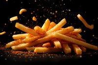 Golden french fries falling with spices and salt particles on dark background, dramatic food photography with motion effect and warm lighting.