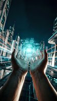 Hands holding glowing digital circuit board hologram above night cityscape, representing innovation, technology, and future connectivity solutions.