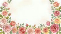 Floral border frame with pink and coral roses, buds, and green leaves on cream background, isolated for wedding invitations, greeting cards, and design projects.