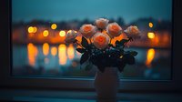 Peach roses in vase on windowsill at dusk, with blurred city lights and water reflections creating romantic evening ambiance.