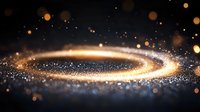 Magical glowing spiral of golden light and sparkles swirling on dark background with bokeh effect and glitter particles creating ethereal atmosphere.