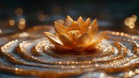 Golden lotus flower floating on rippling water with glowing bokeh lights and sparkles creating magical circular patterns, zen meditation atmosphere.