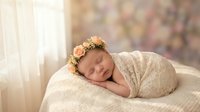 Peaceful newborn baby girl sleeping wrapped in cream lace blanket wearing floral headband on soft white cushion in warm natural light studio setting.