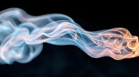 Ethereal smoke trails in coral and turquoise colors swirling against black background create mesmerizing abstract pattern with smooth flowing movement.