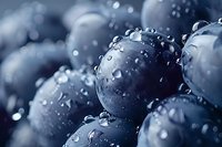Fresh ripe blueberries with water drops macro shot in cool blue tones, showing natural texture and moisture on berries surface. Perfect for food industry.