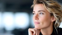 Young blonde woman looking away thoughtfully with soft natural lighting in modern indoor setting for lifestyle and business content.