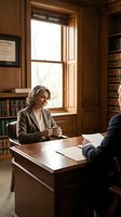 Middle-aged woman attorney in blazer holding coffee cup during client consultation in traditional law office with wood paneling, bookshelves and natural light from window.
