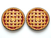 Two homemade fruit pies with golden lattice crust and star-shaped cutout, filled with red berry jam, isolated on white background for bakery, recipe, and food design projects.
