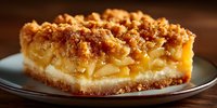Golden apple crumble bars with buttery streusel topping on flaky pastry crust, homemade dessert perfect for bakery menus and autumn seasonal treats.