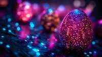 Glowing egg-shaped object with circuit pattern illuminated in pink and blue neon lights against dark background with bokeh effects. Futuristic technology concept.