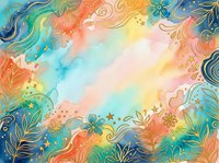 Colorful watercolor background with ornamental floral elements, swirling patterns, and decorative botanical designs in rainbow hues for creative projects.