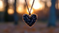 Heart-shaped coffee beans pendant with golden sunset bokeh background creates romantic mood. Natural light illuminates edges, making beans glow against blurred warm tones.