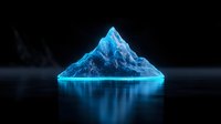 Glowing blue mountain peak reflected in dark water, illuminated from beneath with ethereal light creating mysterious atmosphere against black background.