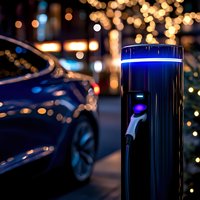 Electric vehicle charging station at night with glowing blue light ring and luxury car silhouette against blurred bokeh city lights background.