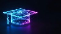 Futuristic digital graduation cap with glowing neon wireframe design in blue and purple colors on dark background for education technology concepts.