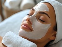 Young Hispanic woman relaxing during facial treatment at spa, wearing white clay mask for skin care and rejuvenation, eyes closed in peaceful expression.