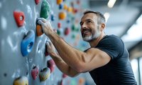 Mature athletic man with gray beard wearing black t-shirt climbing on indoor rock wall, smiling while reaching for colorful climbing holds at bouldering gym.