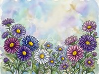 Watercolor aster flowers in purple and pink tones with green stems against soft pastel background for botanical art and floral design projects.