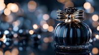 Elegant black perfume bottle with metallic bow cap against blurred golden bokeh lights background for luxury cosmetics and fragrance advertising.