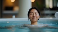 Young Asian woman relaxing with closed eyes in blue swimming pool water at luxury spa resort, expressing serenity and wellness during peaceful moment.