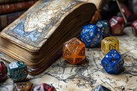 Vintage roleplaying game setup with multicolored polyhedral dice scattered on antique map next to weathered spellbook with ornate silver cover. Fantasy gaming concept.