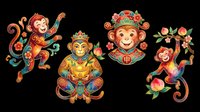 Festive monkey characters with ornamental details, isolated on transparent background. Ready for t-shirt design, clipart, stickers, print-on-demand products, and sublimation projects.