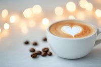 Cup of cappuccino with heart-shaped latte art foam on white surface with coffee beans and soft bokeh lights in background, romantic coffee break mood.