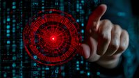 Futuristic red circular interface with digital elements and human hand touching virtual screen against dark background with data visualization elements.