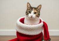 Tabby and white cat wearing red and white knitted sweater and scarf, isolated on neutral background, ready for holiday greeting cards, pet fashion, and seasonal marketing materials.