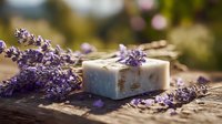 Handmade lavender soap bar with fresh purple flowers on rustic wooden surface for natural skincare and aromatherapy spa treatments.