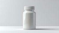 White plastic medicine bottle with ribbed cap on light gray background, minimalist pharmaceutical packaging mockup for supplement and vitamin products.