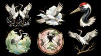 Six elegant red-crowned crane illustrations in Asian art style, isolated on transparent background. Ready for T-shirts, stickers, sublimation, and print on demand designs.