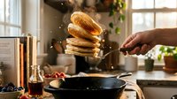 Fluffy pancakes flipping in a cast iron skillet in a cozy kitchen, with maple syrup and fresh berries on the counter.
