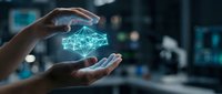 Hands holding glowing digital network mesh structure representing data connectivity, artificial intelligence, and technology innovation in modern business environment.