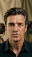 Split portrait showing aging process of middle-aged Caucasian man from young to elderly with wrinkles and gray hair in elegant interior setting.