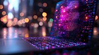 Laptop keyboard illuminated with vibrant purple and blue lights against blurred bokeh background, showcasing modern technology with dramatic lighting effects.