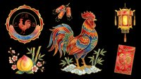 Colorful lunar new year rooster clipart set with lantern, red envelope, peach, firecrackers, bamboo, isolated on transparent background for t-shirt, print on demand.