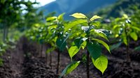 Young green coffee plant seedling growing in rich dark soil against blurred mountain landscape background, showing sustainable agriculture and farming.