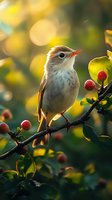 Small songbird perched on branch with red berries against golden bokeh background at sunset. Soft natural lighting creates dreamy atmosphere for nature photography and wildlife art.