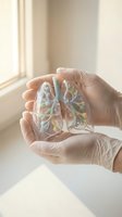 Medical professional holding transparent lung model in gloved hands near window for respiratory health education and anatomical study purposes.