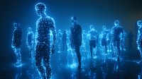 Glowing blue holographic figures standing in dark space, digital wireframe human silhouettes illuminated with particle effects creating futuristic technological atmosphere.