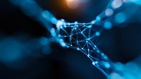 Glowing network connections with geometric lines and dots forming abstract digital mesh structure against dark blue bokeh background for technology concept.
