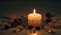 Burning candle with runic symbols surrounded by healing crystals and gemstones creating mystical atmosphere for meditation and spiritual practices.