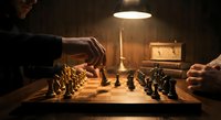 Two players engaged in strategic chess match under warm lamplight in cozy wooden interior setting with vintage clock creating atmospheric gaming environment.