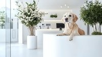 Senior golden retriever lying on white counter in modern minimalist interior with potted plants and glass walls, creating calm and elegant atmosphere.
