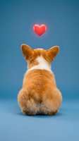 Adorable orange and white corgi puppy sitting with glowing red heart above on blue background for Valentine's Day greeting cards and pet love concepts.
