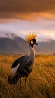 Majestic grey crowned crane standing in golden grassland at sunset with dramatic sky and mountain backdrop for wildlife photography and nature content.
