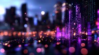 Futuristic cityscape with glowing purple and pink bokeh lights reflecting on water surface, creating dreamy urban nightscape with blurred skyscrapers silhouettes.