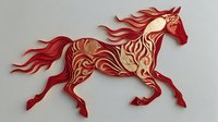 Decorative red and gold horse silhouette with ornate swirling patterns, isolated on light background for graphic design projects and artistic applications.